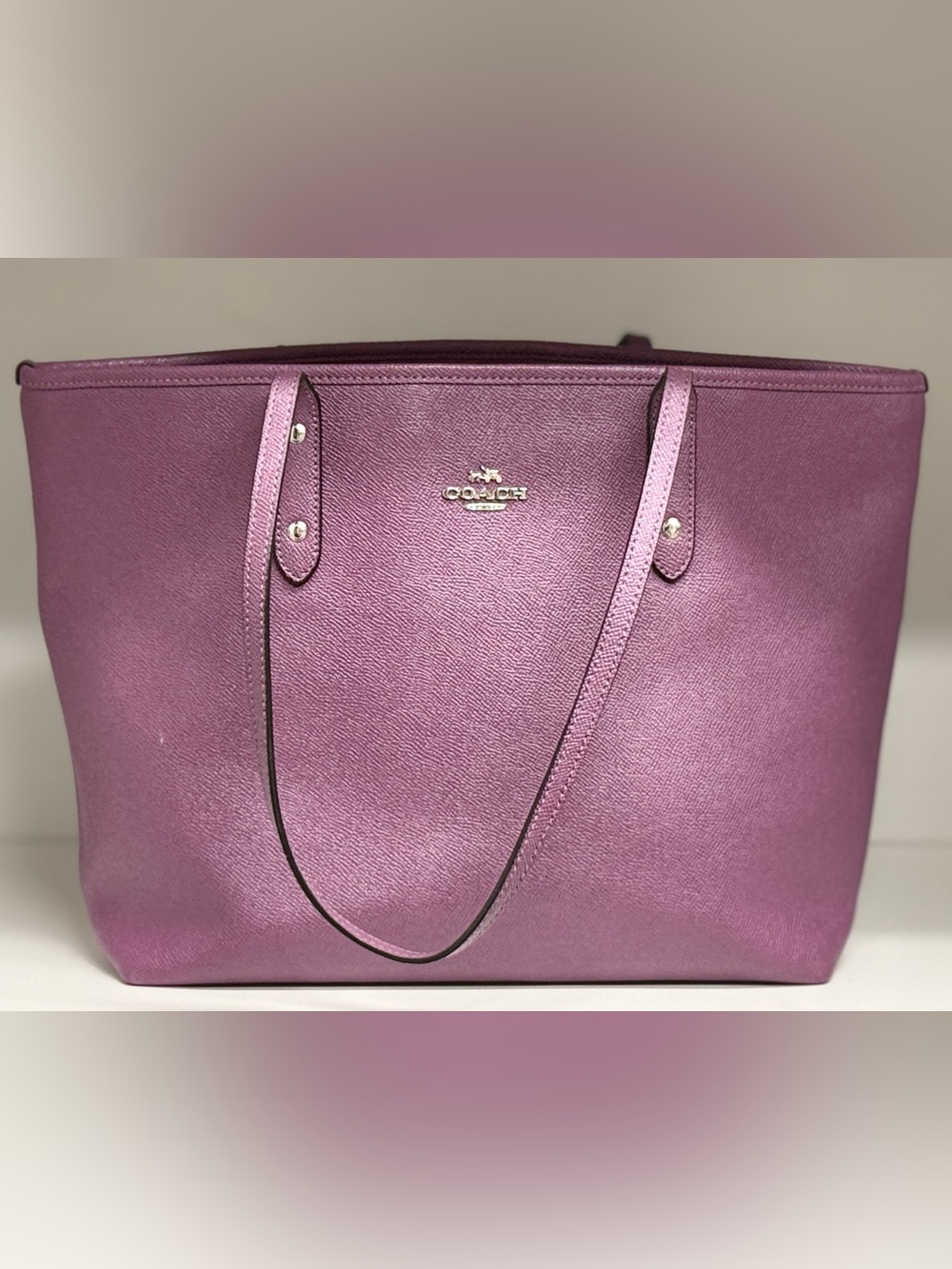 Coach F57522 City Zip Tote Metallic Plum Purple Crossgrain Leather Shoulder Bag